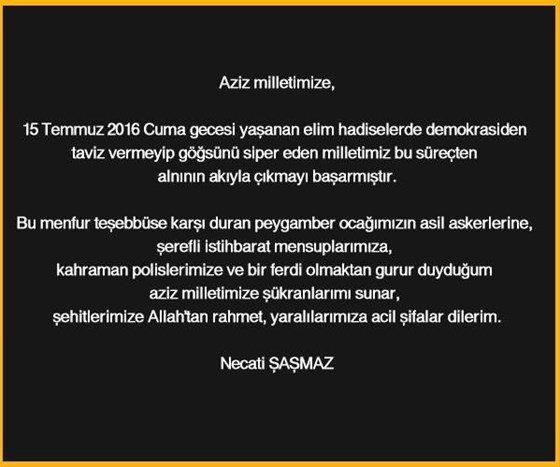 Necati Şaşmaz'dan darbe girişimi mesajı