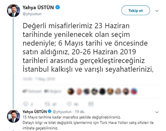 FlaÅ aÃ§Ä±klama! THY'den 23 Haziran seÃ§im kararÄ±